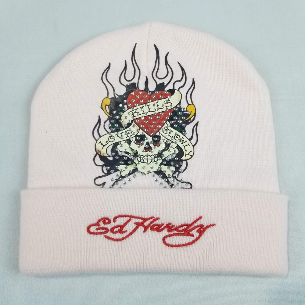 Ed Hardy Hat Beanie Womens One Size Pink Love Kills Slowly Skull Rhinestone